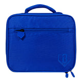 A royal blue padded rectangular bag with a top handle, a front zippered pocket, and a tonal embossed logo in the lower right corner, shown on a plain white background.
