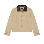 A beige cropped jacket with a dark brown leather collar, featuring three front buttons and two large front patch pockets, shown flat on a white background.