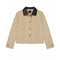A beige cropped jacket with a dark brown leather collar, featuring three front buttons and two large front patch pockets, shown flat on a white background.