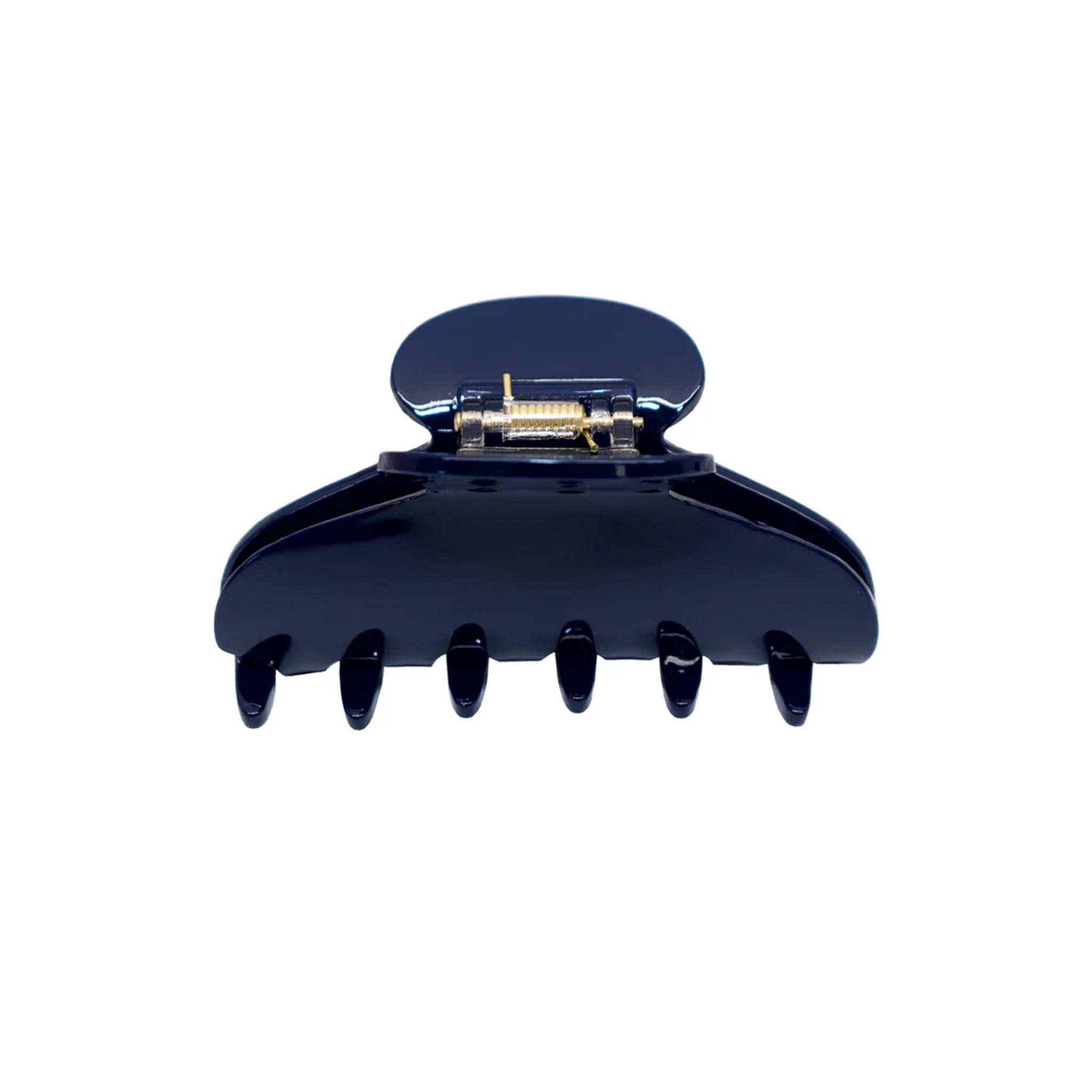 A glossy dark navy blue claw hair clip shown from the front against a plain white background.