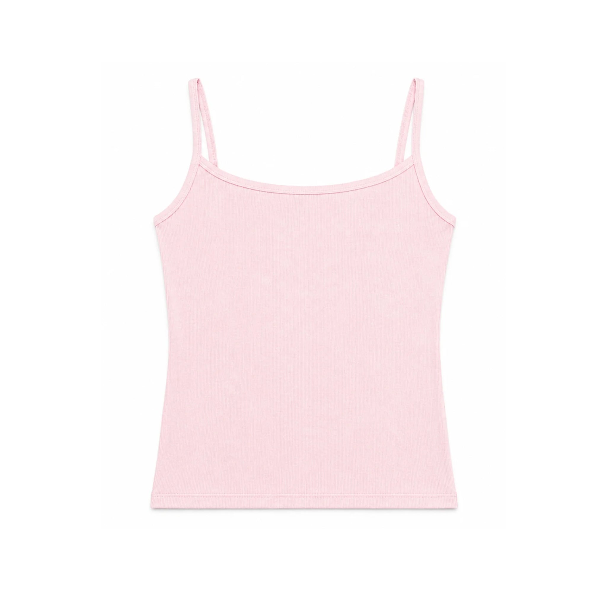 Pink spaghetti strap tank top on a white background