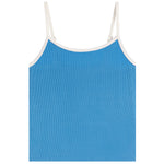 A bright blue ribbed camisole tank top with thin white shoulder straps and white trim along the neckline, shown flat against a white background.
