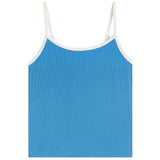 A bright blue ribbed camisole tank top with thin white shoulder straps and white trim along the neckline, shown flat against a white background.