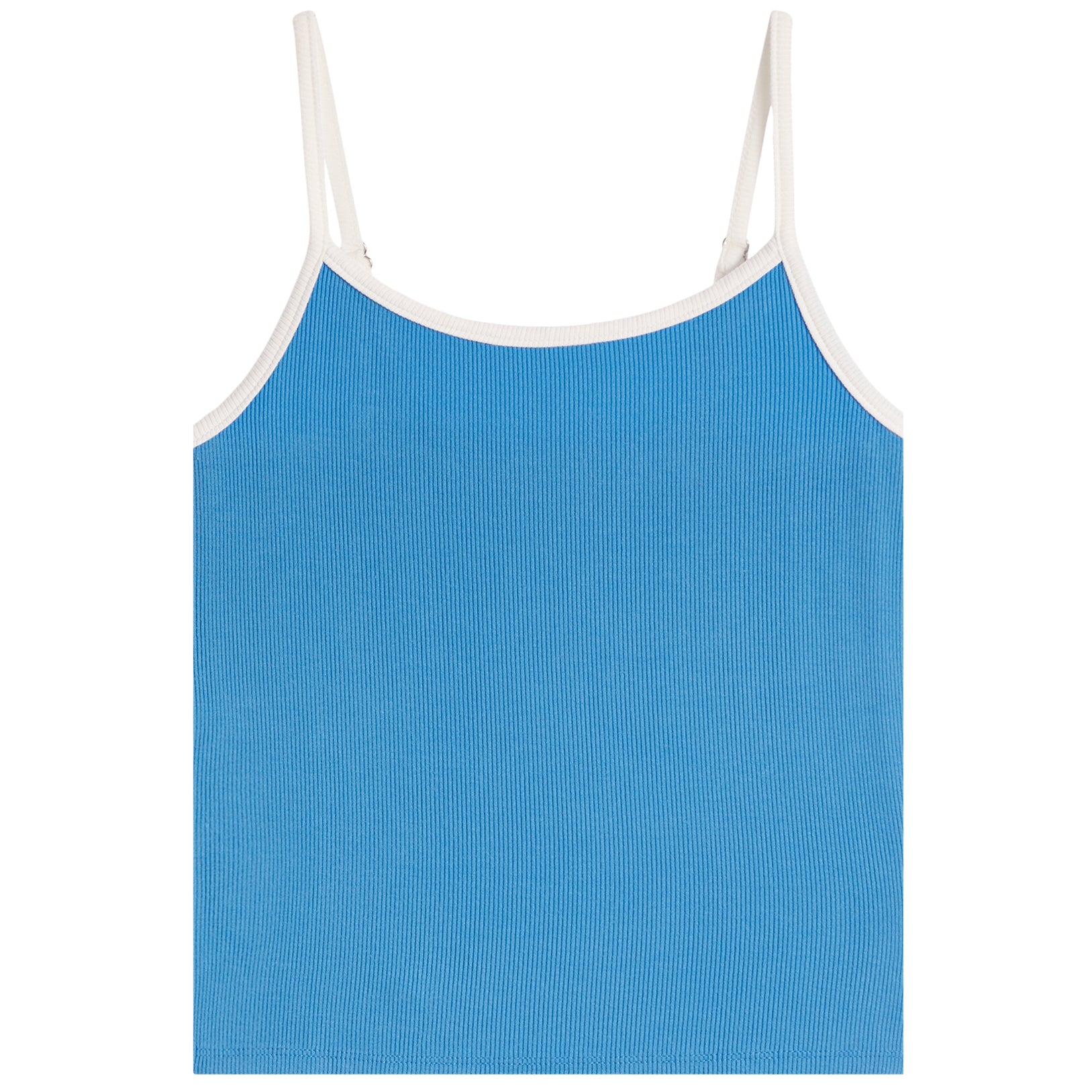 A bright blue ribbed camisole tank top with thin white shoulder straps and white trim along the neckline, shown flat against a white background.