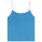 A bright blue ribbed camisole tank top with thin white shoulder straps and white trim along the neckline, shown flat against a white background.