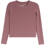 A dusty rose ribbed long-sleeve crop top with shoulder cutouts, shown flat against a white background. The brand name 'KATIE J.