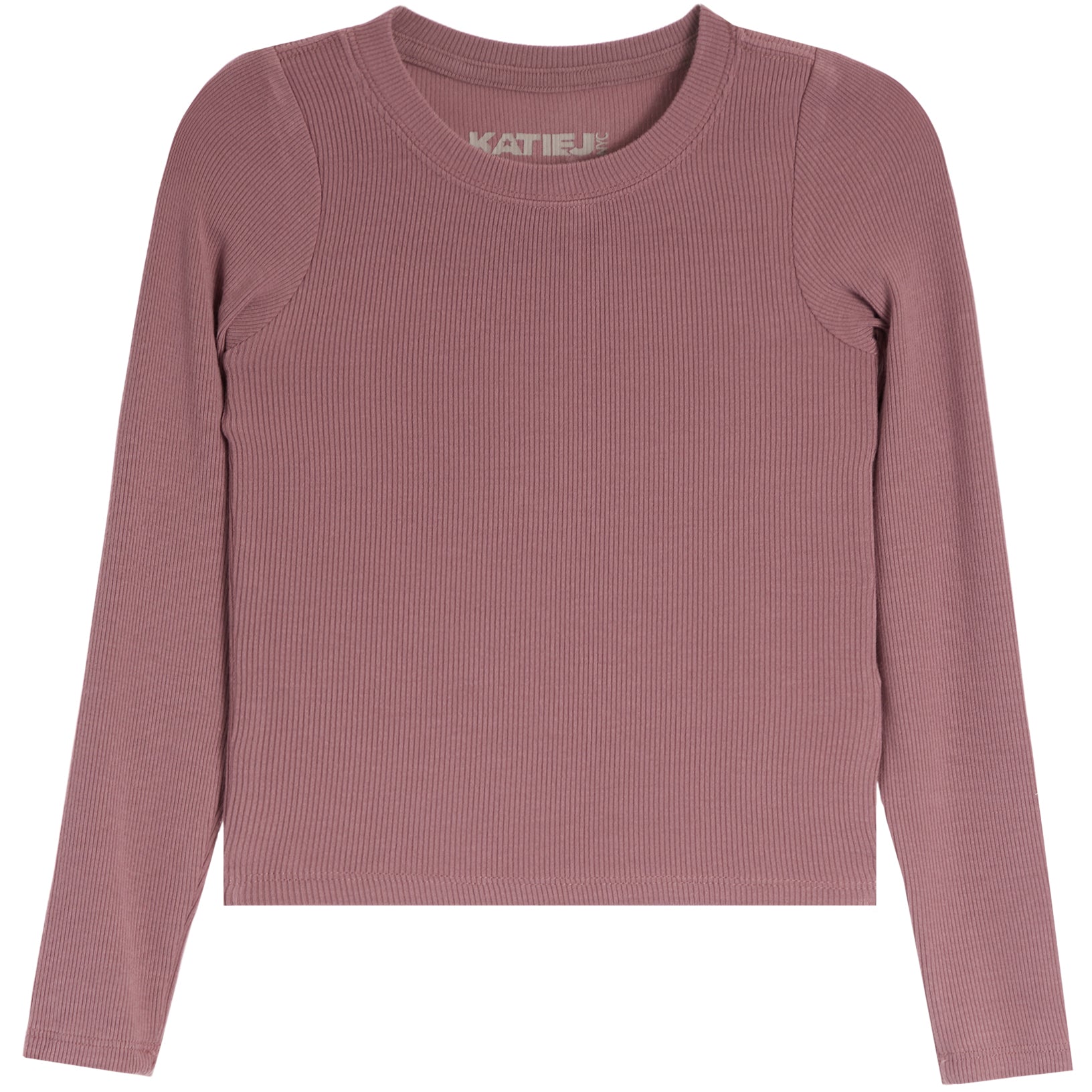 A dusty rose ribbed long-sleeve crop top with shoulder cutouts, shown flat against a white background. The brand name 'KATIE J.