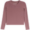 A dusty rose ribbed long-sleeve crop top with shoulder cutouts, shown flat against a white background. The brand name 'KATIE J.