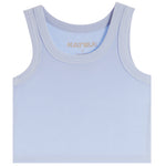 A light blue ribbed tank top with a crew neck and the brand name 'KATIEJ' printed inside the collar, shown against a plain white background.