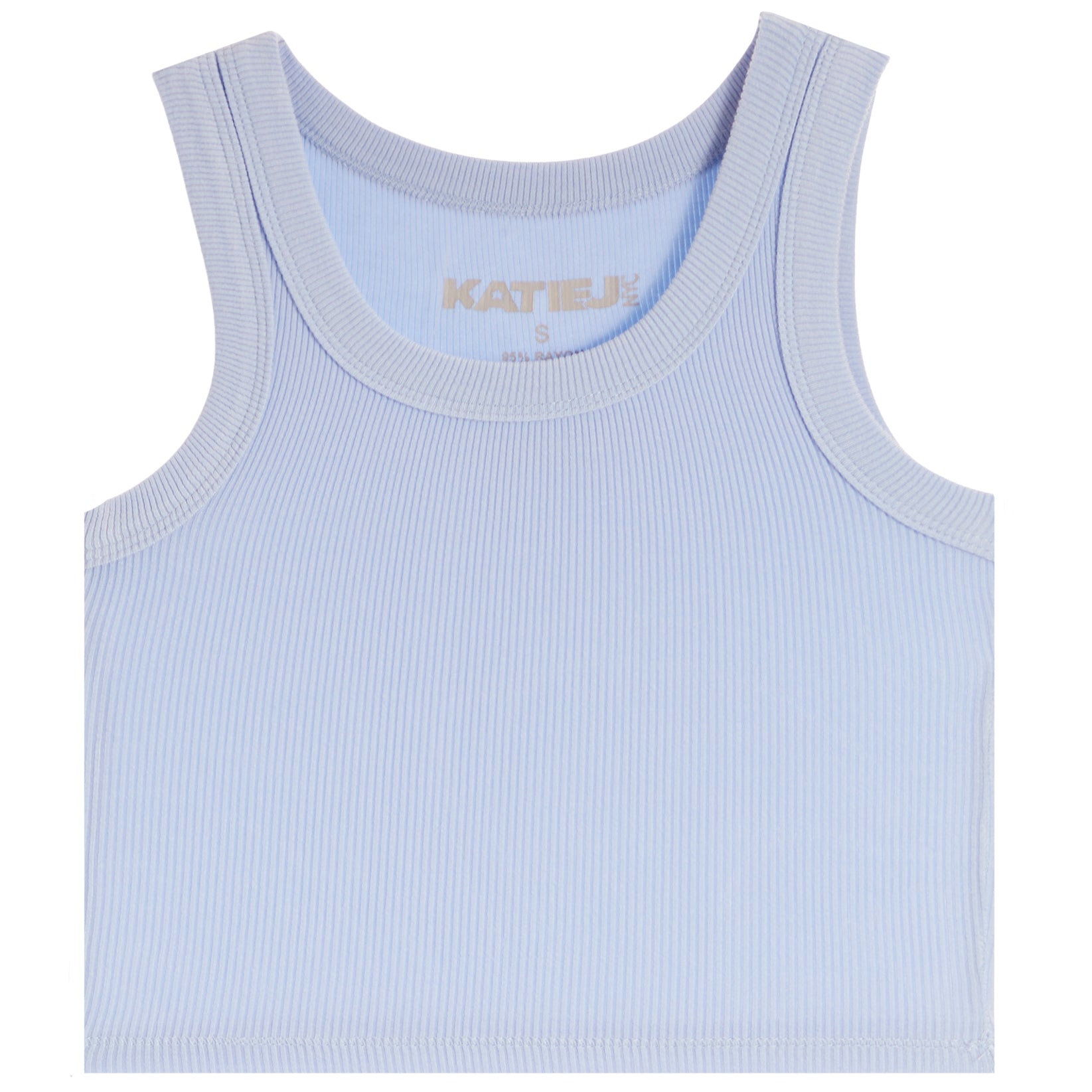 A light blue ribbed tank top with a crew neck and the brand name 'KATIEJ' printed inside the collar, shown against a plain white background.