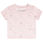 A light pink short-sleeve baby t-shirt with a delicate all-over floral print in shades of pink, green, and blue. The brand name 'KATIEJ' is printed inside the collar.
