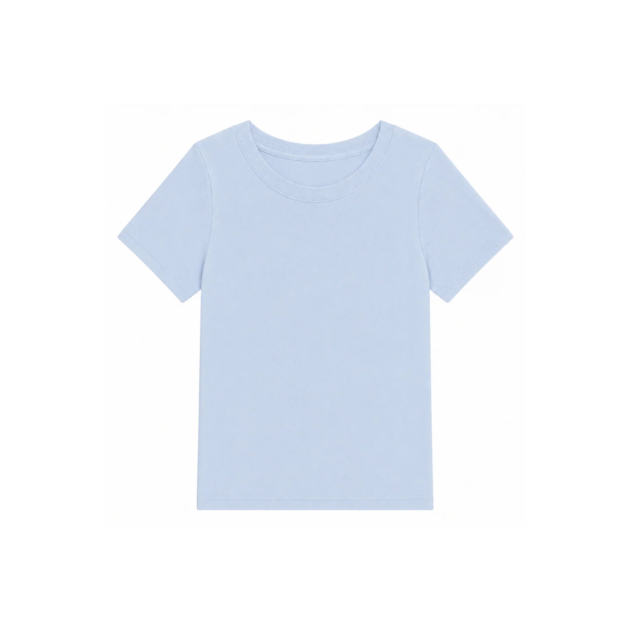 A light blue short-sleeve crewneck t-shirt displayed flat against a solid white background.