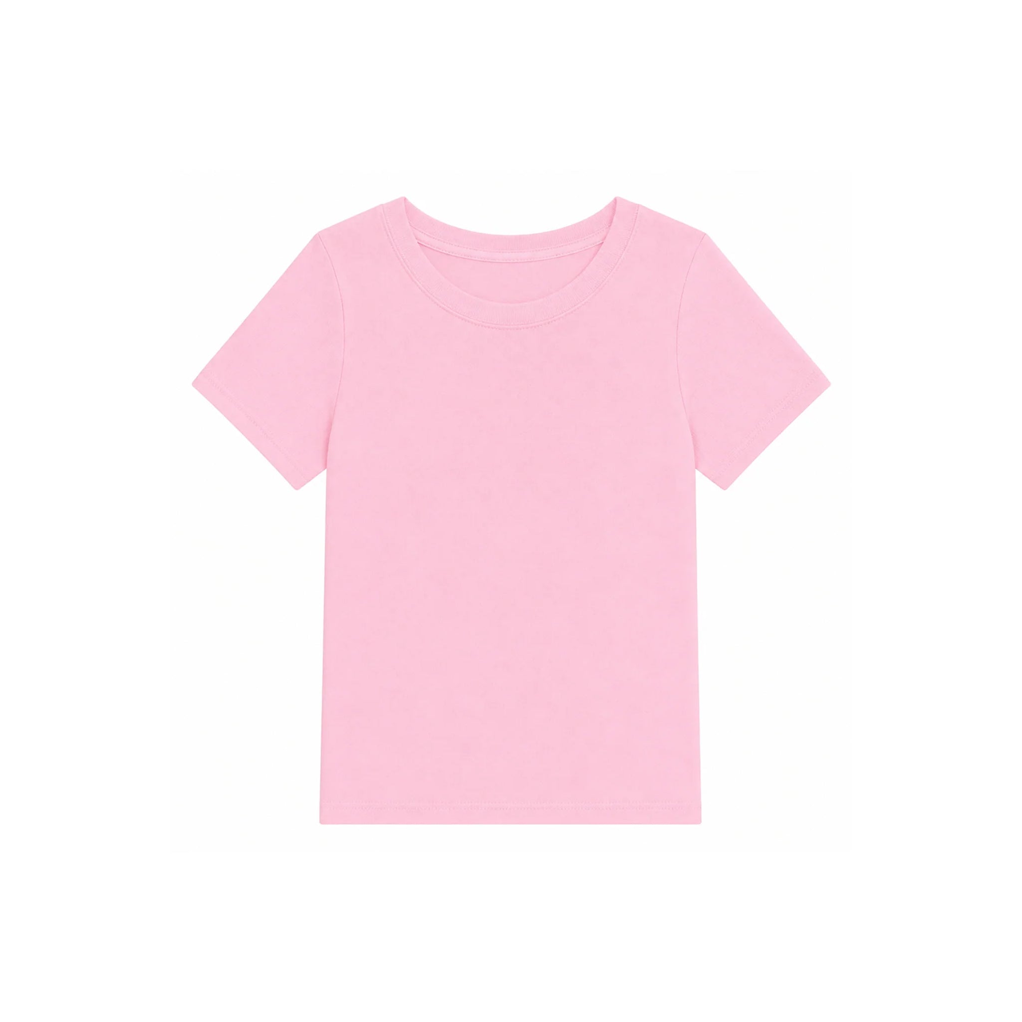 A light pink short-sleeve crewneck t-shirt displayed flat against a solid white background.