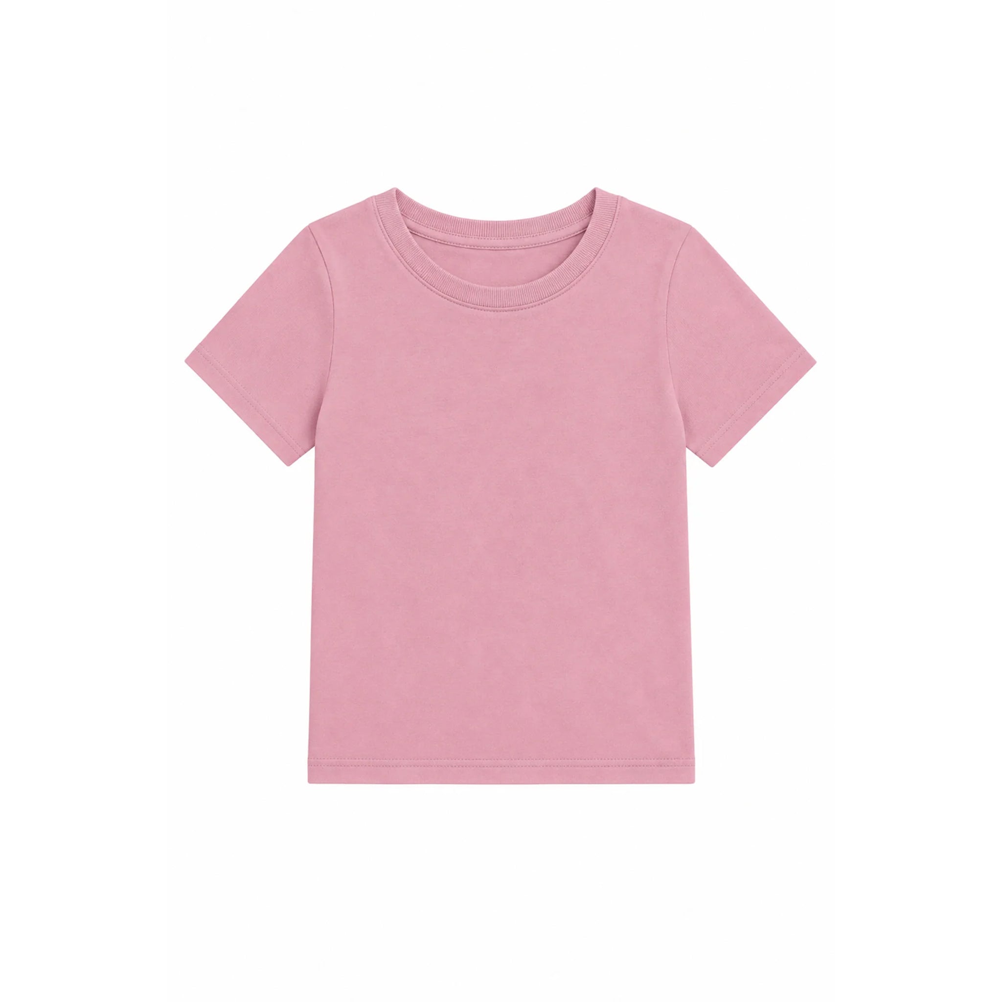 A short-sleeve crewneck t-shirt in a solid dusty pink color, presented flat against a clean white background.