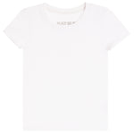 A white short-sleeve crewneck t-shirt with a subtle gray 'KATIE B' logo printed inside the collar, shown flat against a white background.