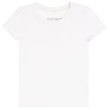 A white short-sleeve crewneck t-shirt with a subtle gray 'KATIE B' logo printed inside the collar, shown flat against a white background.
