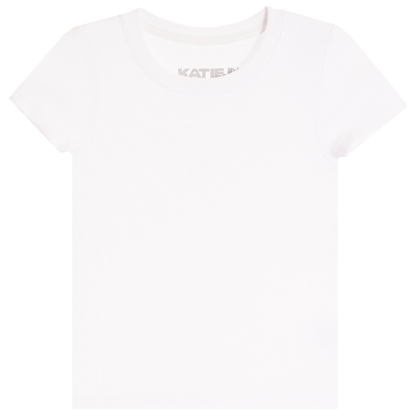A white short-sleeve crewneck t-shirt with a subtle gray 'KATIE B' logo printed inside the collar, shown flat against a white background.