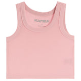 A light pink ribbed tank top with a crew neck and wide straps, featuring the brand name 'KATIEJ' printed inside the collar, shown on a plain white background.