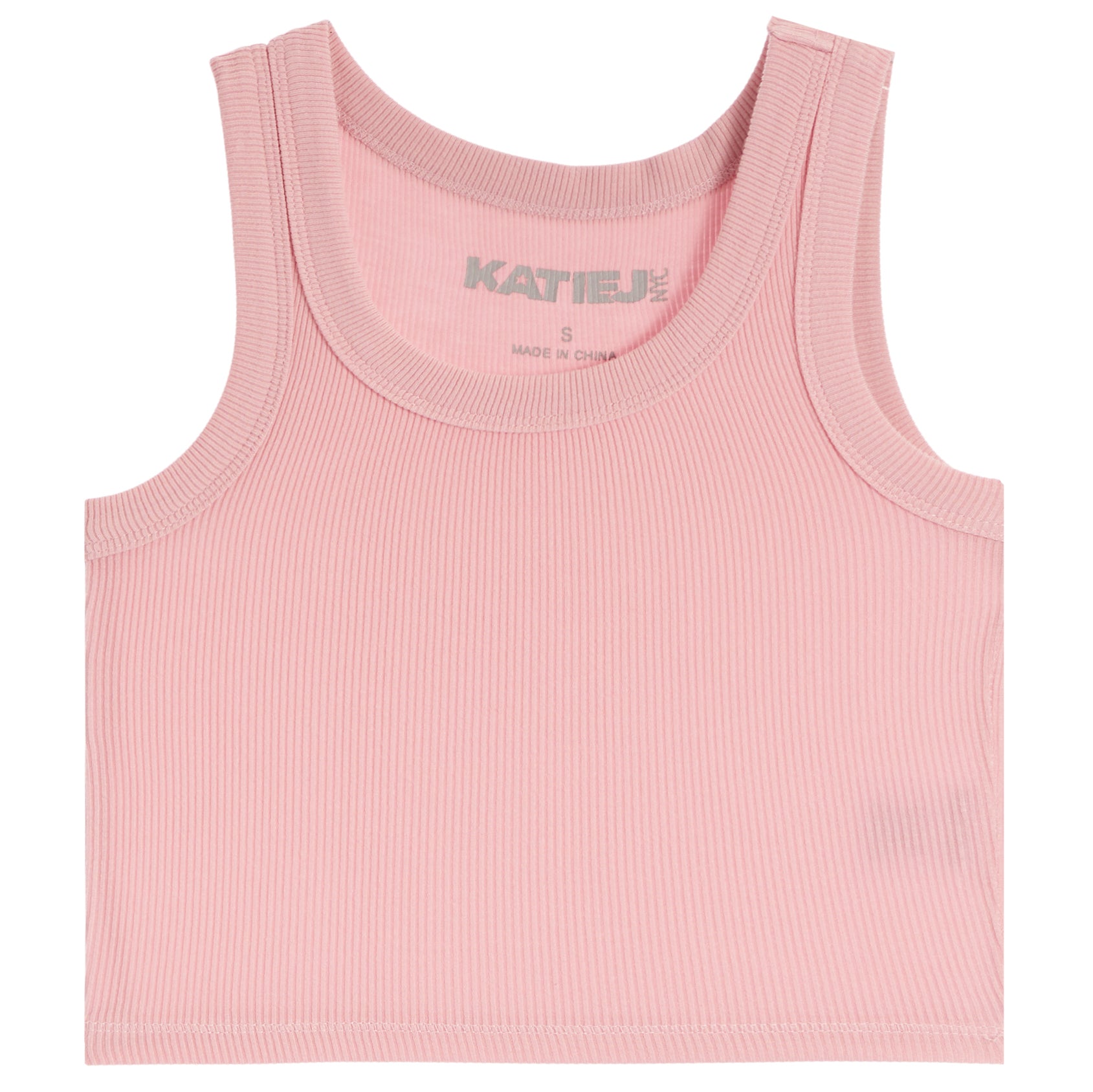 A light pink ribbed tank top with a crew neck and wide straps, featuring the brand name 'KATIEJ' printed inside the collar, shown on a plain white background.