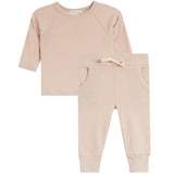 A two-piece baby clothing set in a soft, pale blush pink. The set includes a long-sleeve raglan top with a crew neck and matching jogger pants with side pockets and an elastic drawstring waist.