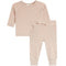 A two-piece baby clothing set in a soft, pale blush pink. The set includes a long-sleeve raglan top with a crew neck and matching jogger pants with side pockets and an elastic drawstring waist.