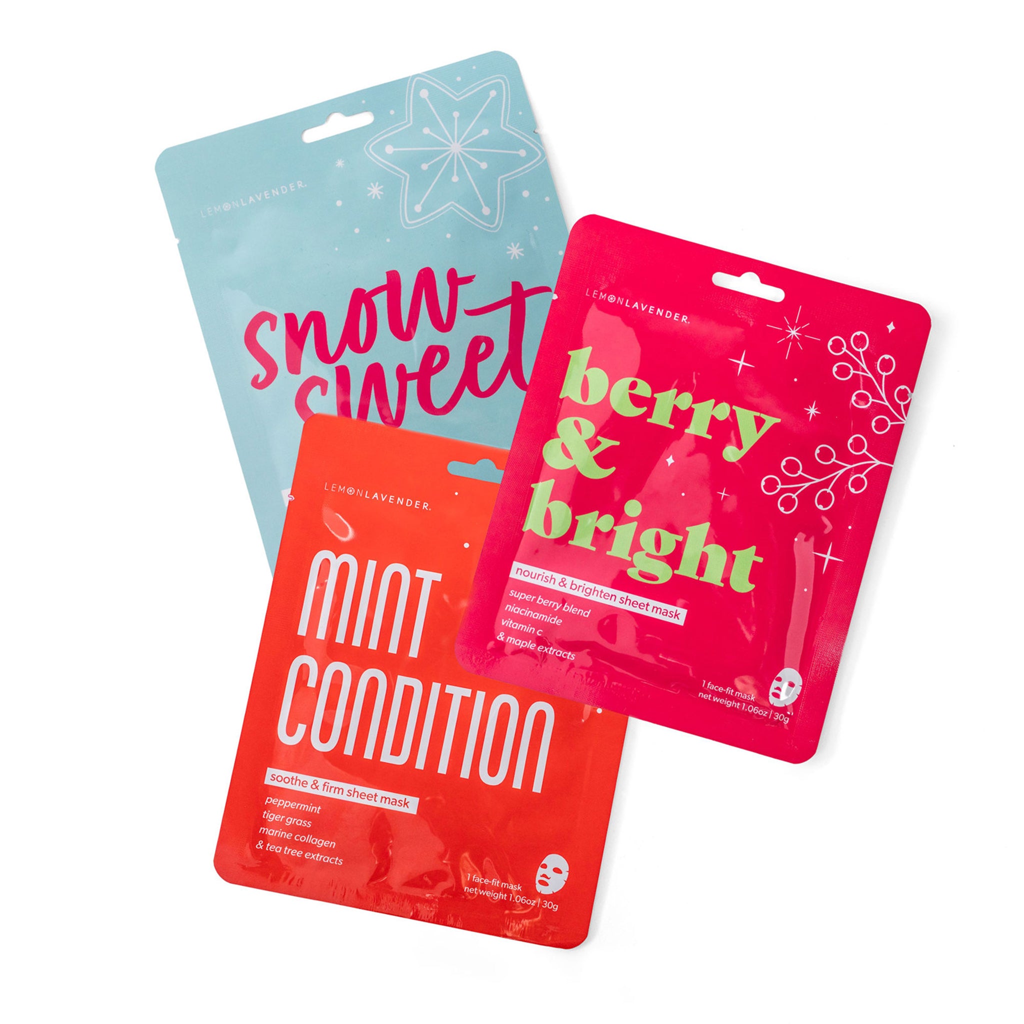 Three colorful facial mask packages with text on a white background