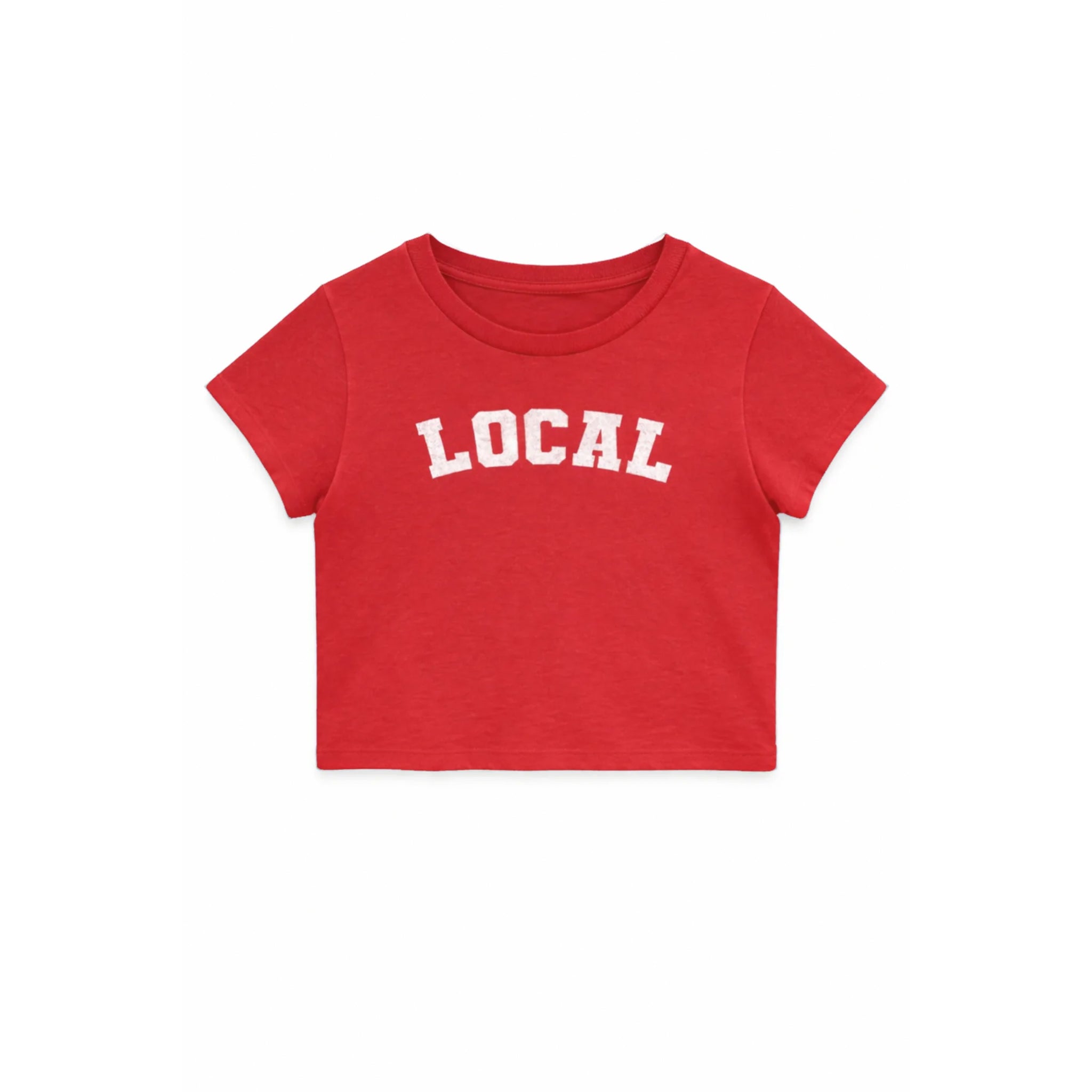 Red t-shirt with 'LOCAL' text on a white background