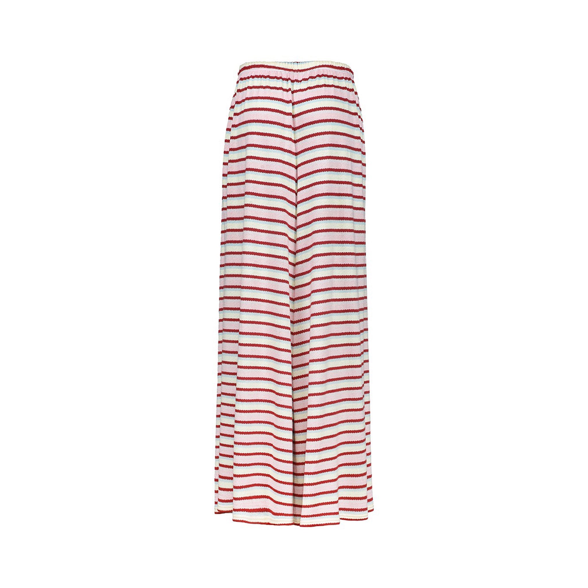 A high-waisted, wide-leg maxi skirt with horizontal red stripes on a white base, shown against a plain white background.