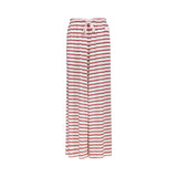 Red and white horizontally striped wide-leg lounge pants with an elastic waistband and drawstring, shown against a plain white background.