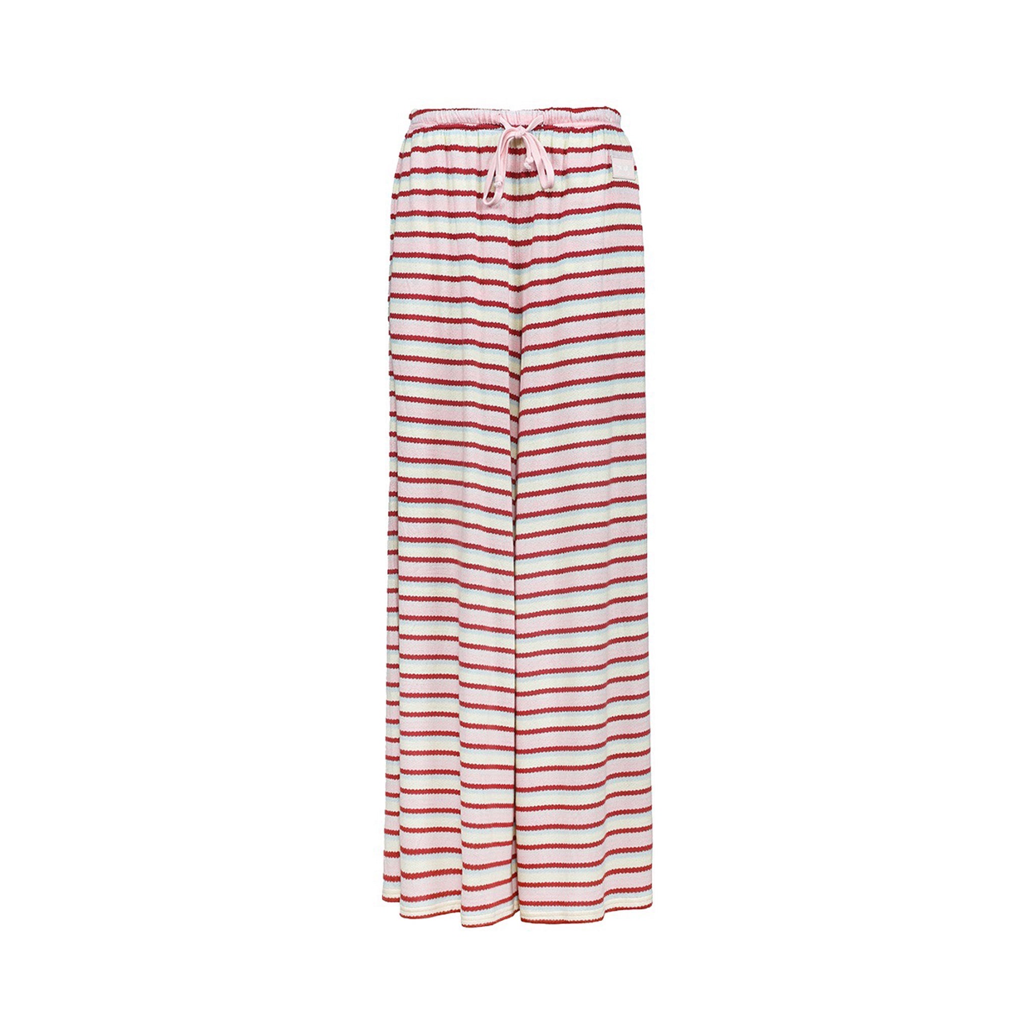 Red and white horizontally striped wide-leg lounge pants with an elastic waistband and drawstring, shown against a plain white background.