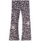 A pair of wide-leg pants featuring a black leopard print on a light pinkish-white base, with two light pink bow embellishments on the lower legs.