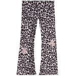 A pair of wide-leg pants featuring a black leopard print on a light pinkish-white base, with two light pink bow embellishments on the lower legs.