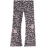 A pair of wide-leg pants featuring a black leopard print on a light pinkish-white base, with two light pink bow embellishments on the lower legs.