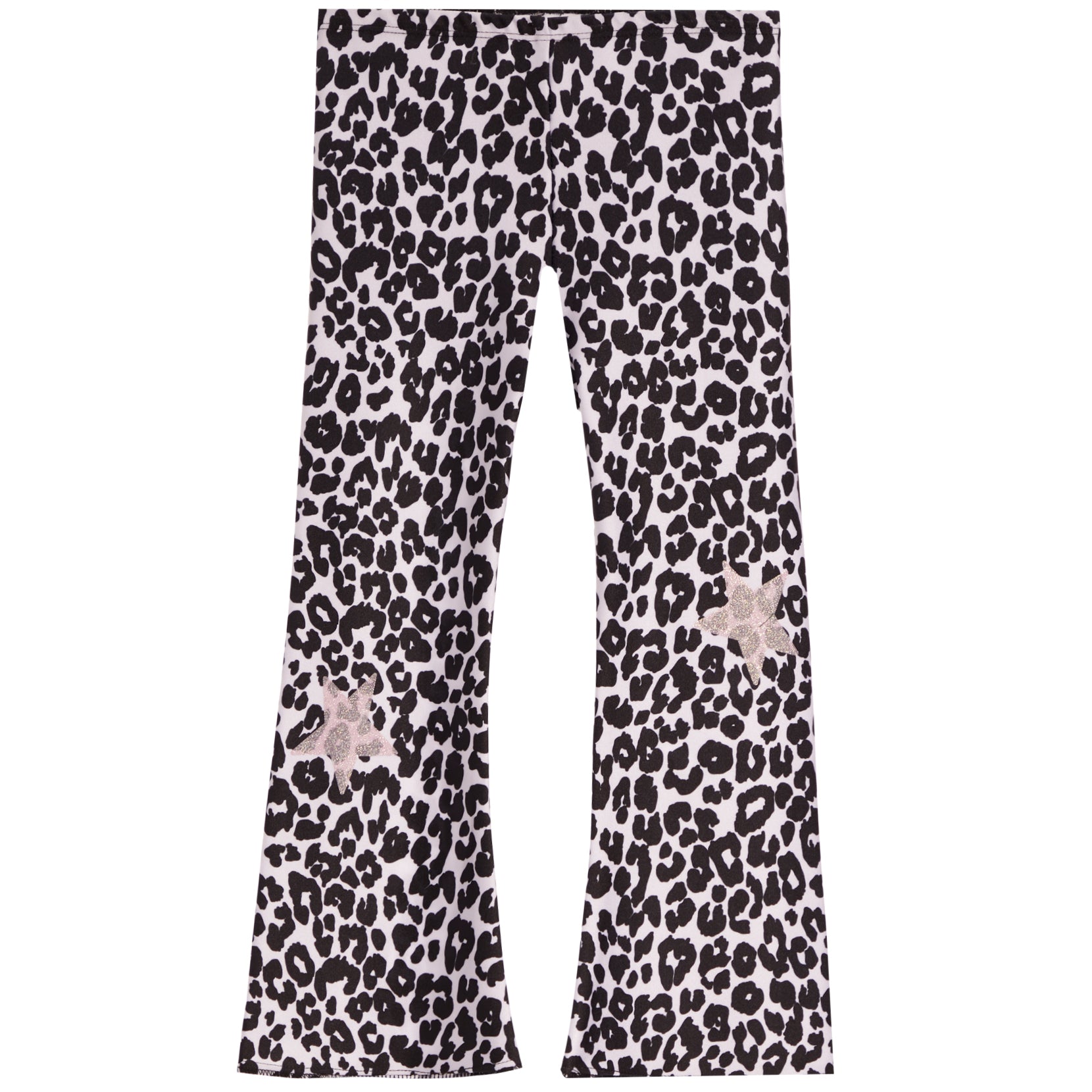 A pair of wide-leg pants featuring a black leopard print on a light pinkish-white base, with two light pink bow embellishments on the lower legs.