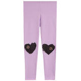 Light purple leggings with two black heart-shaped patches on the lower legs, each decorated with small metallic rhinestones, shown against a plain white background.