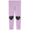 Light purple leggings with two black heart-shaped patches on the lower legs, each decorated with small metallic rhinestones, shown against a plain white background.