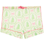 A pair of women's pajama shorts featuring a festive Christmas tree and bow pattern on a cream background, with pink piping and a pink drawstring waist.