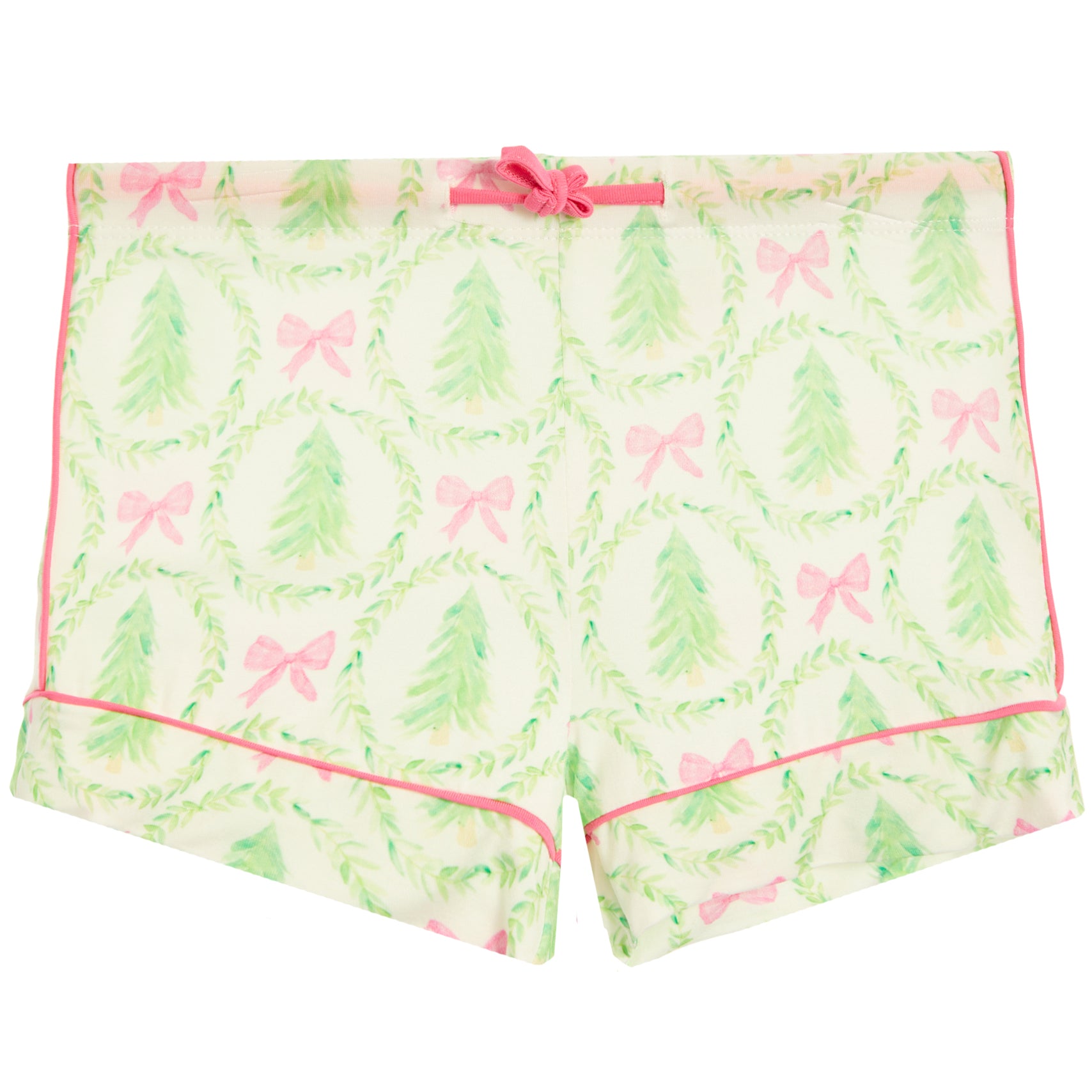 A pair of women's pajama shorts featuring a festive Christmas tree and bow pattern on a cream background, with pink piping and a pink drawstring waist.