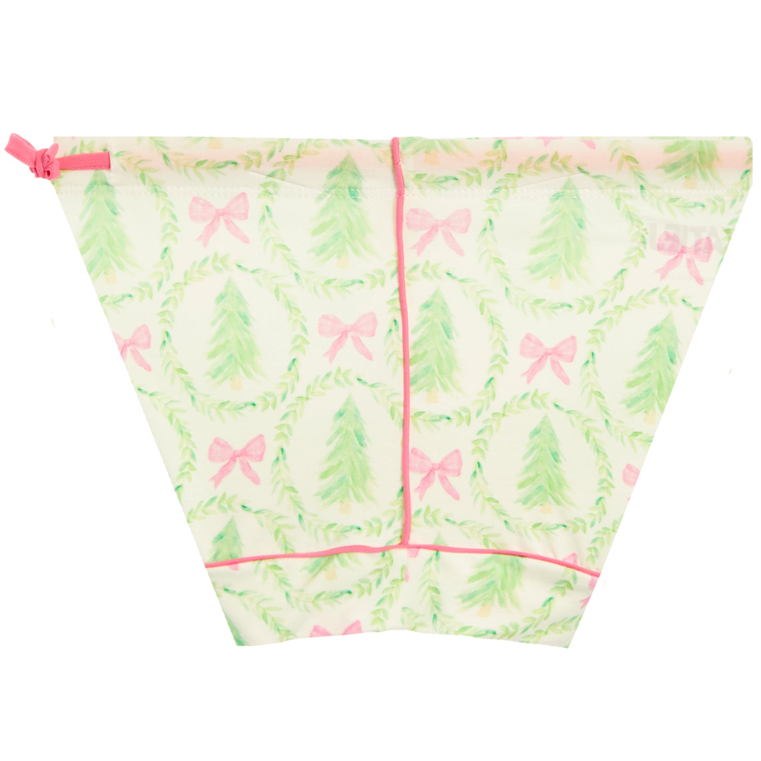 A triangular fabric drawstring bag with a Christmas-themed print featuring green pine trees, pink bows, and green wreaths on a cream background, finished with pink trim and a pink drawstring tie.