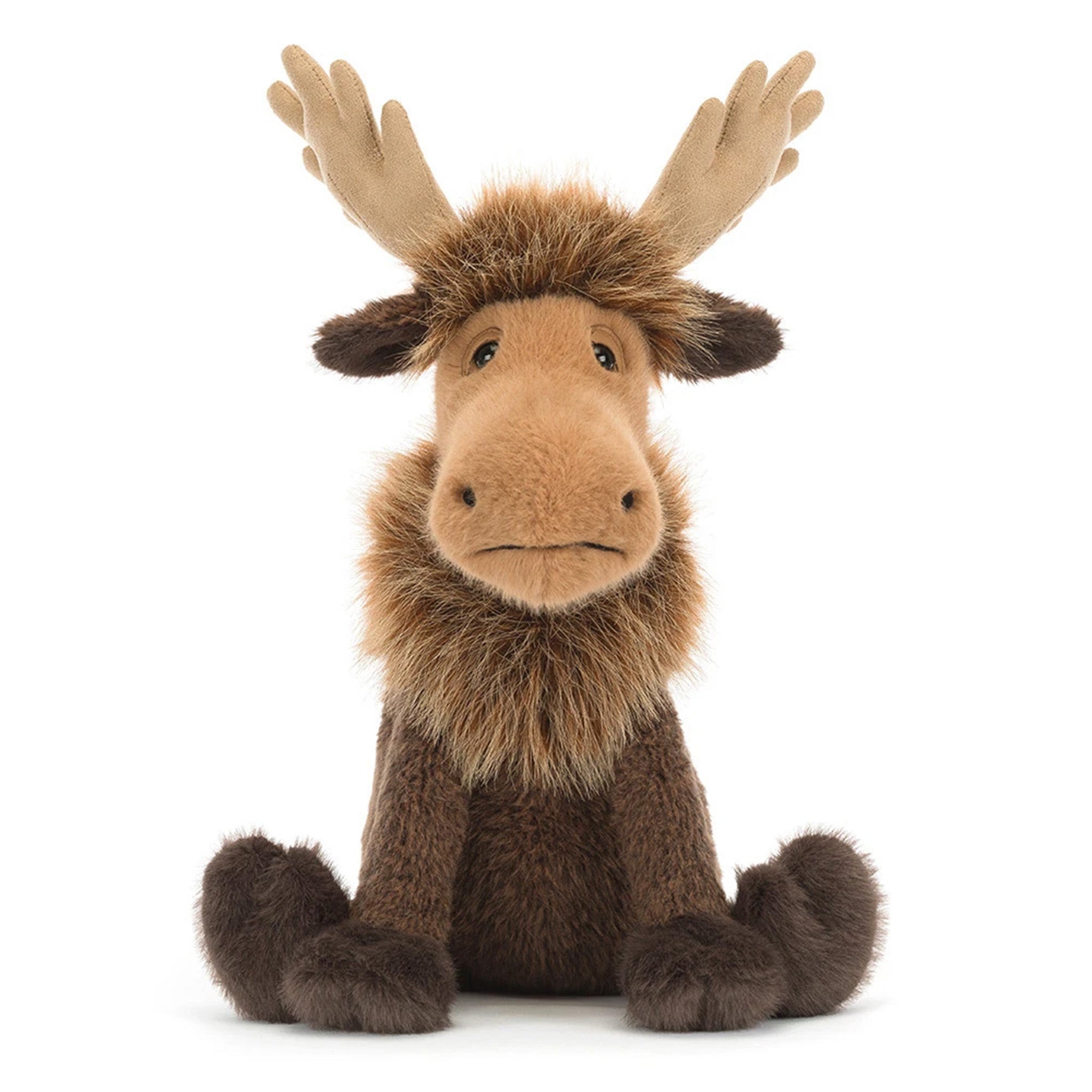 A plush moose toy with large tan antlers, a light brown face, and dark brown fur, sitting against a plain white background.