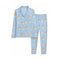A two-piece pajama set in light blue, featuring a long-sleeve button-front top and matching pants, both printed with a Cappuccino.