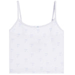 A white ribbed camisole tank top with thin straps and a repeating light blue bow pattern, shown flat against a white background.