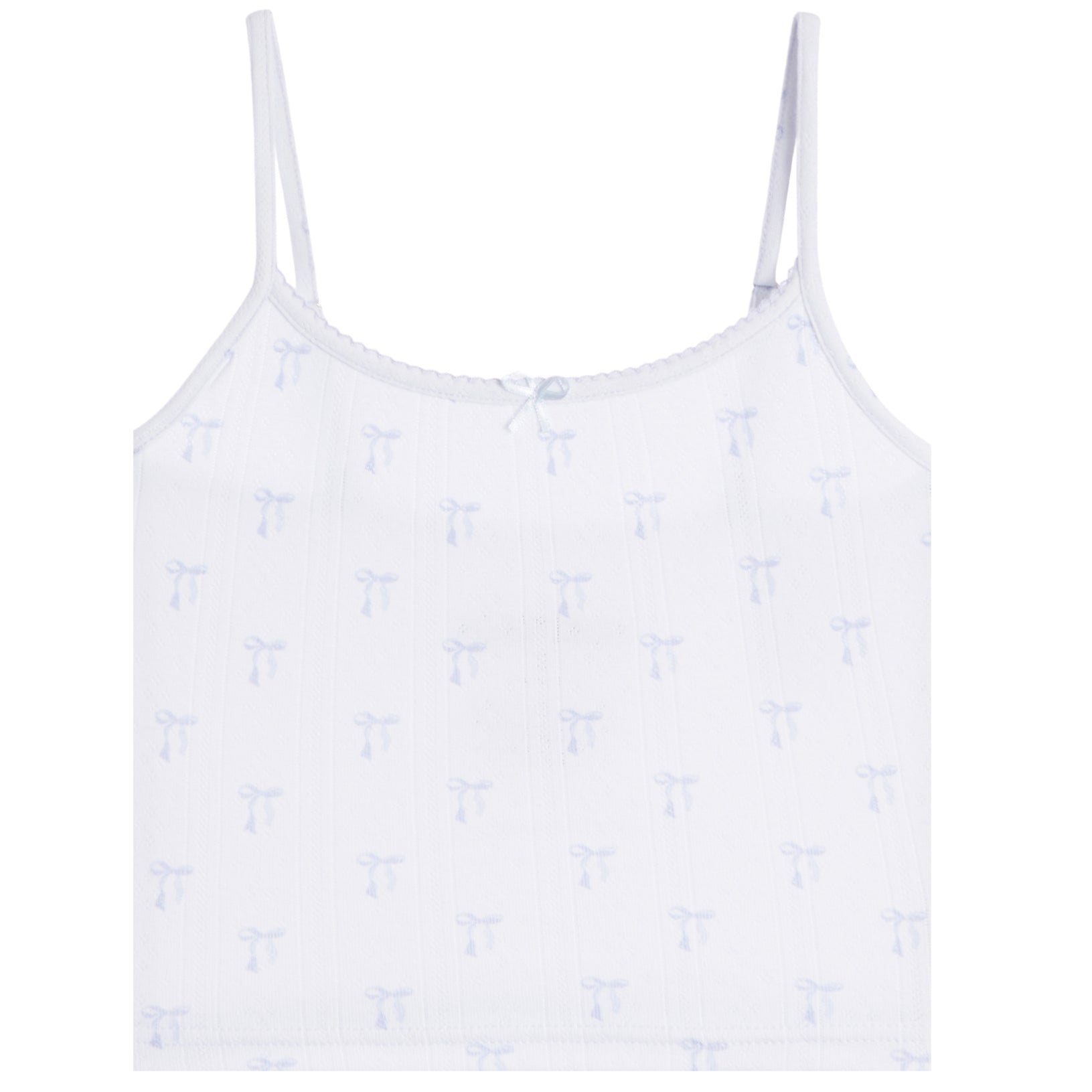 A white ribbed camisole tank top with thin straps and a repeating light blue bow pattern, shown flat against a white background.