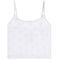 A white ribbed camisole tank top with thin straps and a repeating light blue bow pattern, shown flat against a white background.