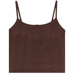 A dark brown textured knit camisole top with thin shoulder straps and a scalloped neckline, shown flat against a plain white background.