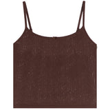 A dark brown textured knit camisole top with thin shoulder straps and a scalloped neckline, shown flat against a plain white background.