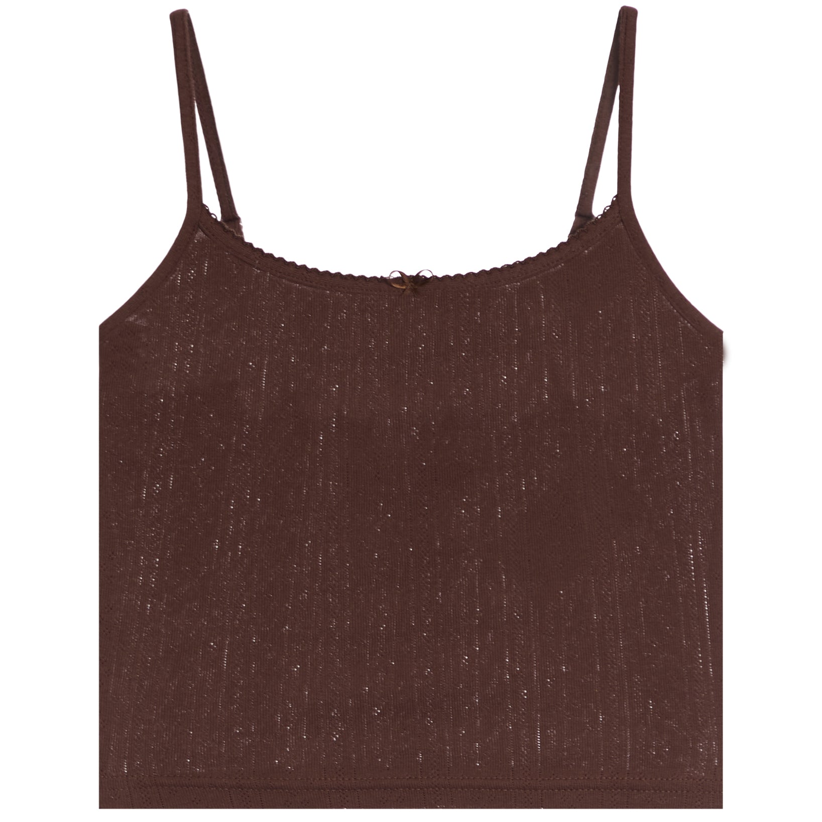 A dark brown textured knit camisole top with thin shoulder straps and a scalloped neckline, shown flat against a plain white background.