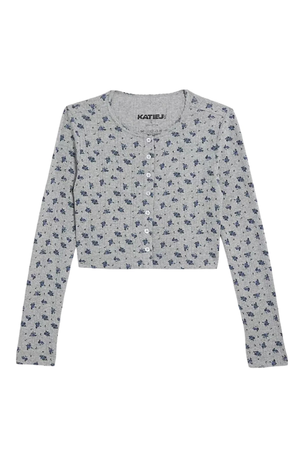 A light gray long-sleeve cropped cardigan with a small dark blue floral pattern, featuring a button-up front.