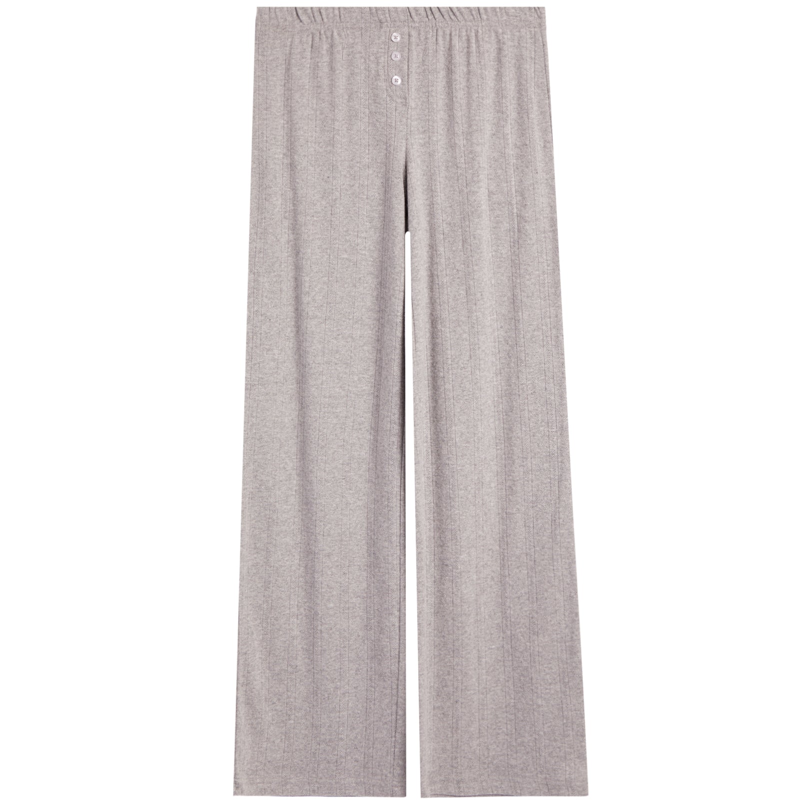 Light gray heather wide-leg lounge pants with an elastic waistband and three decorative buttons at the front, shown flat on a white background.