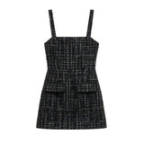 A sleeveless black tweed mini dress with thin shoulder straps, a square neckline, and two front flap pockets, shown on a plain white background.